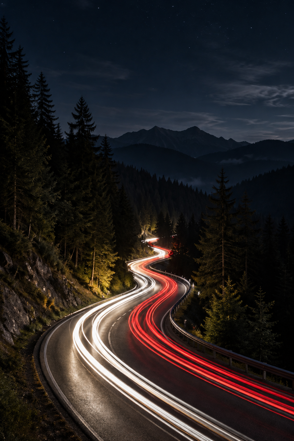 Long exposure light trails on a mountain road