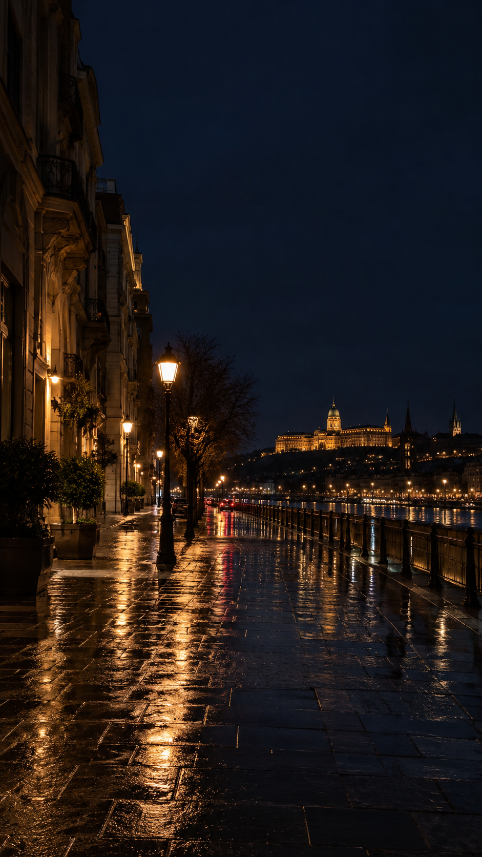 Night city street photographed after rain